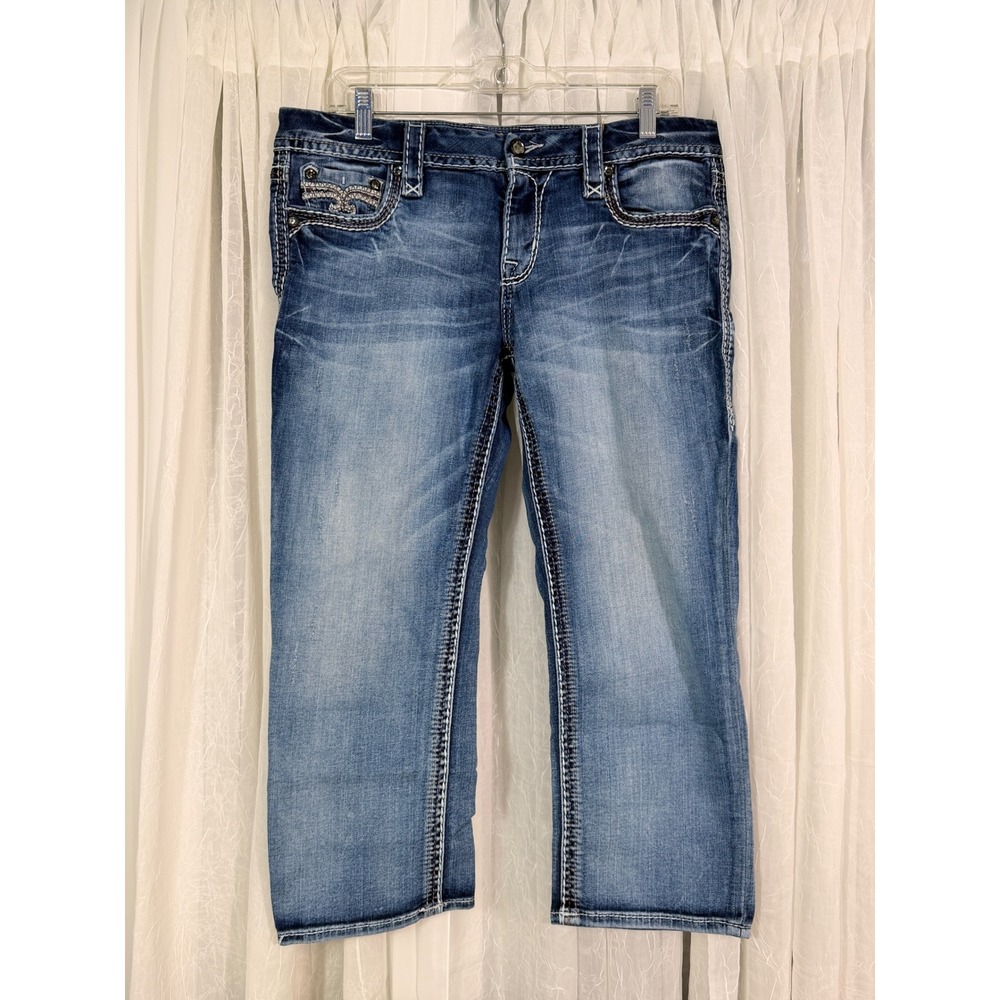 Rock Revival Linne Easy Crop Jeans Size 30 Medium Wash Fleur De Lis Flap Pocket